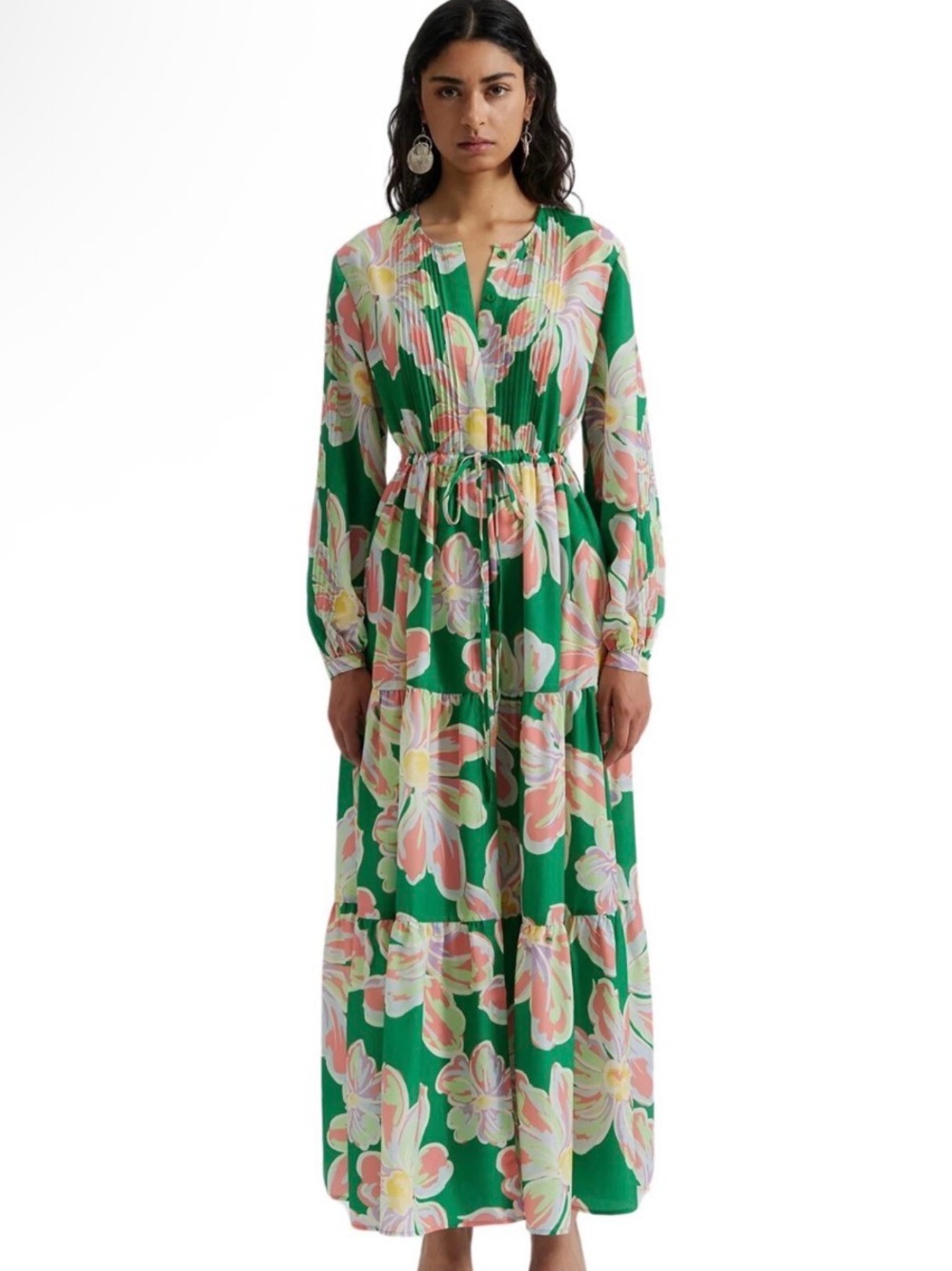 By Malina Green Floral Tiered Maxi Dress with Pink & Yellow Blooms NWT SIZE M